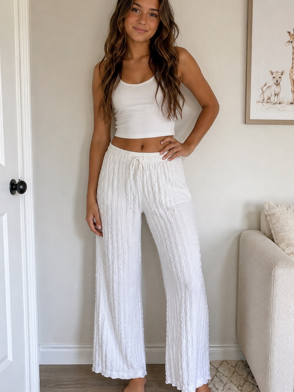 Zara White Textured Wide-Leg Elastic Waist Pants Sz 13/14